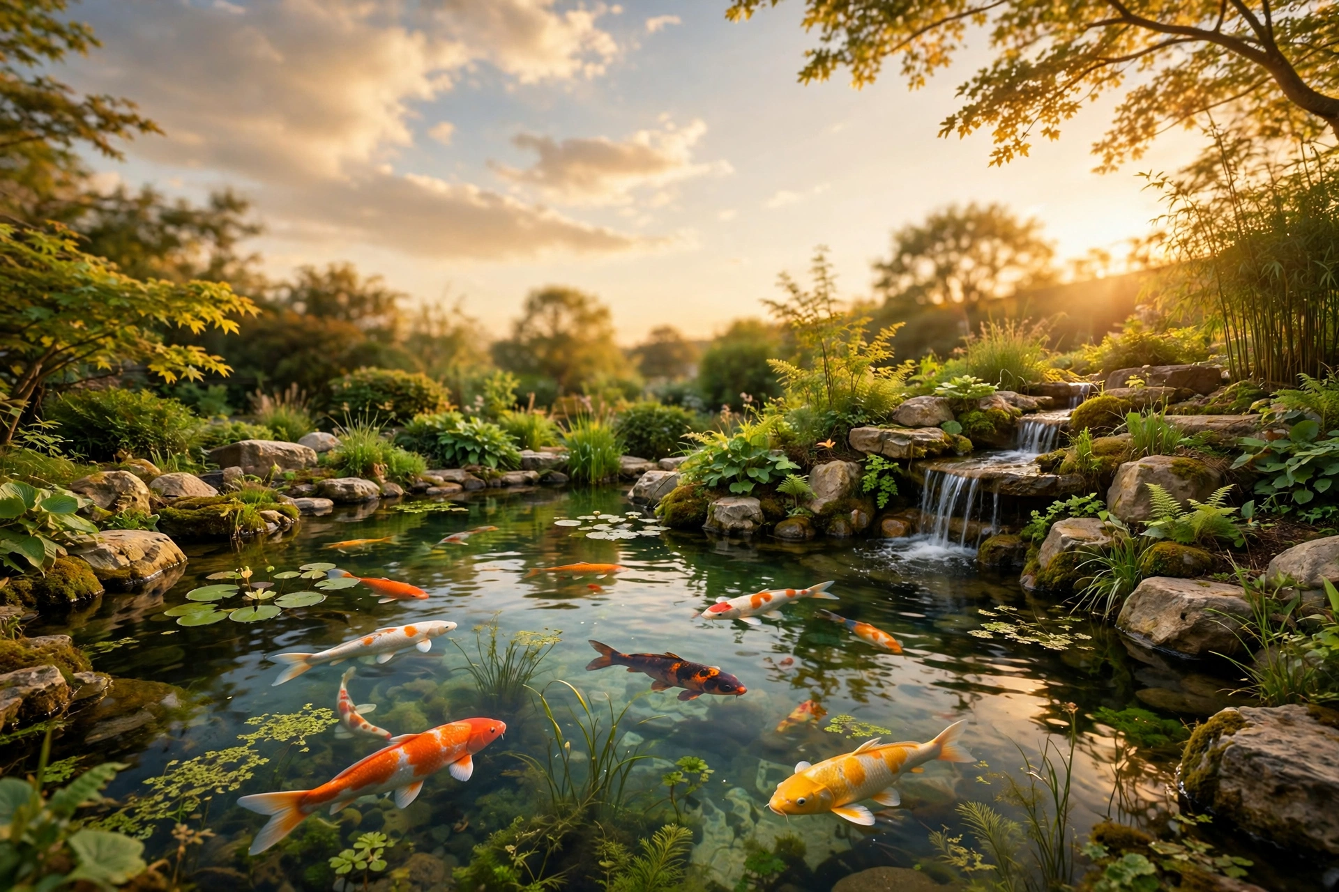 Beautiful backyard koi pond at sunset